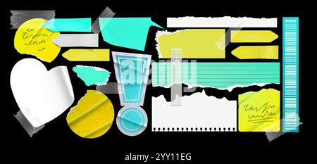 Torn paper edge vector. Tear scrap white page for banner. Newspaper sheet and yellow note label with shred border. Old blank card with grunge stroke a Stock Vector