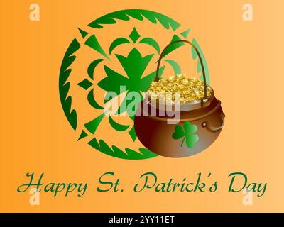Gold colored pot with green leaves is on a yellow background. The pot is labeled Happy St. Patrick Day. Shamrock Saint Patrick Day Rainbow St Paddy Lu Stock Vector