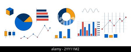 Data visualization charts 2D cartoon objects set Stock Vector