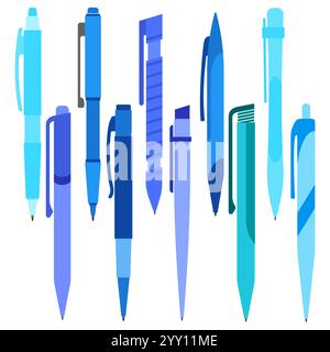 Set of blue pens on a white background. Vector illustration. Stock Vector