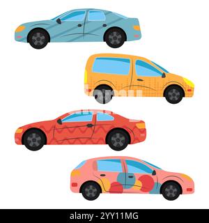A set of four cars painted in different colors. Vector illustration Stock Vector