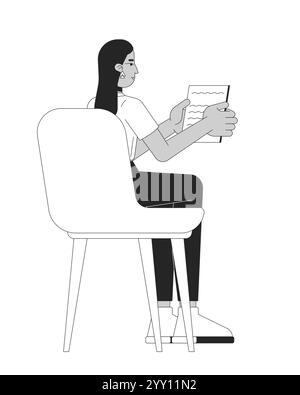 Sitting chair middle eastern female employee holding notes black and white 2D line character Stock Vector