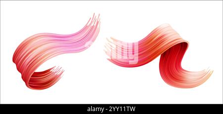 Dynamic red ribbons creating fluid brushstroke effect. Abstract digital design elements with gradient texture. Curve acrylic paint brush stroke. Reali Stock Vector