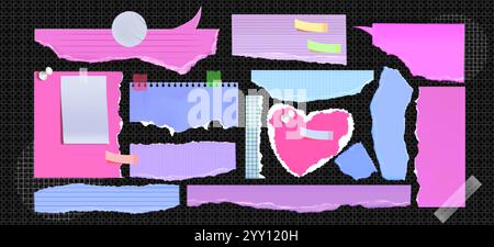 Ripped paper fragments in pink, purple and blue colors. Lined, dotted, plain torn sheets with tape pieces and pushpins. Heart and speech bubble shaped Stock Vector