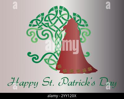 Woman in a red dress stands in front of a tree. The tree is surrounded by a Celtic design. The image is titled Happy St. Shamrock Saint Patrick Day Ra Stock Vector
