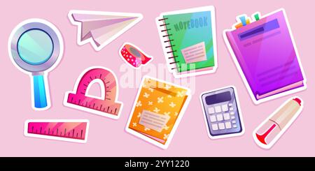 Book and stationery icon. Back to school sticker. Cute education notebook set for children. Student ruler, calculator, eraser and notepad collection. Stock Vector