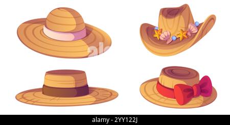 Summer straw hats collection in different styles. Wide brimmed sunhat with pink band, cowboy model decorated with shells and stars, classic farmer hat Stock Vector