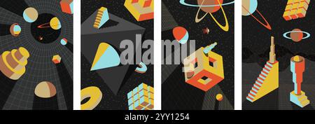 Psychedelic retro posters with colorful 70s and 80s vibes. Optical illusions and surreal cosmic scenes. Geometric patterns and spheres. Stairs in vintage perspectives. Bold vibrant design prints Stock Vector