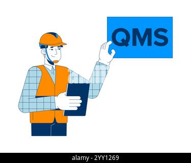 Hardhat worker explaining quality management system 2D cartoon character Stock Vector