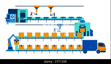 Gears production warehouse conveyor belt 2D illustration concept Stock Vector