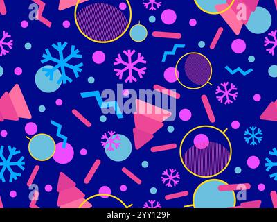 Christmas seamless pattern with geometric shapes in the style of the 80s. Christmas pattern with fir trees, Christmas decorations and geometric shapes Stock Vector