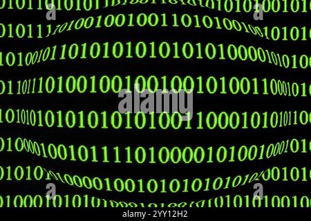 Green binary code on a black background, spherically distorted Stock Photo