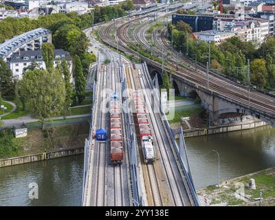 Load test on the Neckar Bridge, aerial view. Due to the unusual design, dimensional checks are mandatory in front of the bridge is opened to trains. T Stock Photo