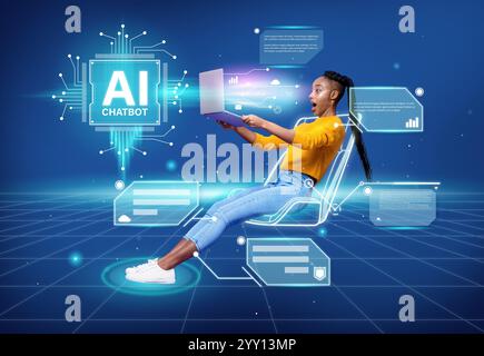 Woman using AI assistant chatbot on notebook computer surfing the internet in futuristic digital virtual background Stock Photo