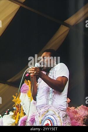 New Orleans, LA, USA - May 1, 1999: Bo Dollis of the Wild Magnolias  performs at the House of Blues Stage at the 1999 New Orleans Jazz and Heritage Festival Stock Photo