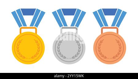 Gold, silver and bronze medals with blue ribbon flat vector icons for sports apps and websites Stock Vector