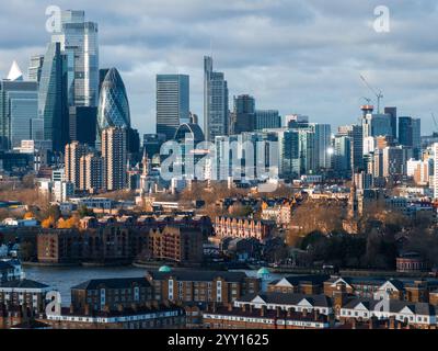 Aerial View of London's Skyline Featuring the Gherkin and Thames River Stock Photo
