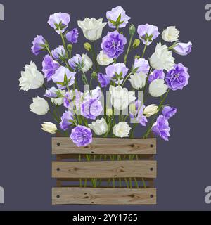 Bouquet of lilac and white bells in a wooden box on a purple background Stock Vector