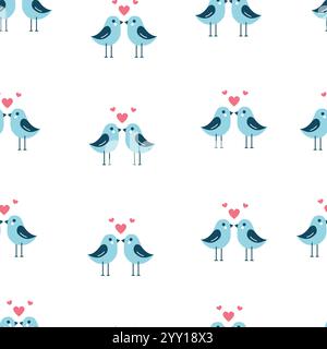 Lovebirds Pattern with Hearts on White Stock Vector