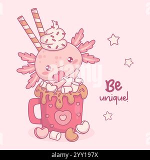 Cute Sweet Dessert Axolotl in Mug cup Hot Cocoa with Marshmallows, heart and striped candy. Funny festive little cartoon kawaii animal character. Vect Stock Vector