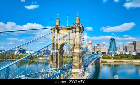 Aerial Panorama of John A. Roebling Bridge and Cincinnati Skyline Stock Photo