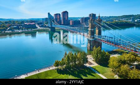 Aerial of John A Roebling Bridge and Covington Skyline Stock Photo