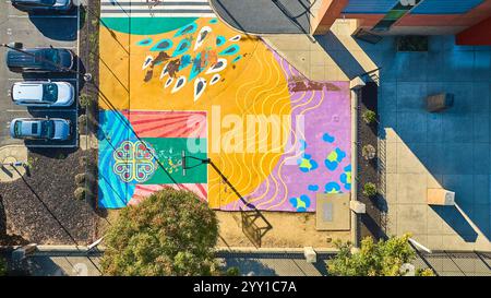 Aerial Top Down Colorful Urban Basketball Court Mural in Downtown Cincinnati Stock Photo