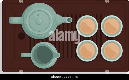 Traditional Chinese tea set with teapot, jug and cups full of tea, top view Stock Vector