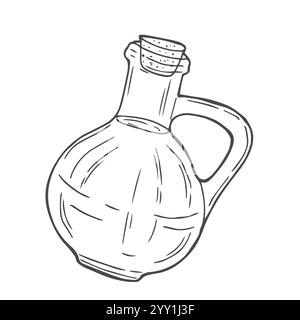 Olive bottle illustration, oil, garlic, basil and branch in engraving style. Stock Vector
