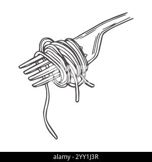 Fork with just spaghetti around. Italian food, pasta noodles sketch. Hand drawn vintage Stock Vector