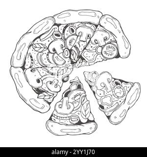 Pizza hand drawn sketch. Black and white art line vector illustration isolated on white Stock Vector
