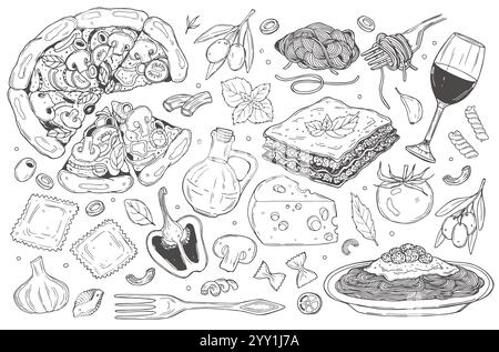 Set of doodles, hand drawn rough simple Italian cuisine food sketches. Stock Vector