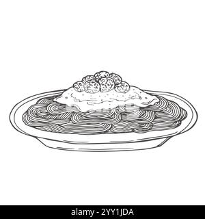 Italian pasta. Spaghetti on plate. Vector vintage black engraving isolated on white background. Hand drawn design element for menu. Outline, ink. Stock Vector