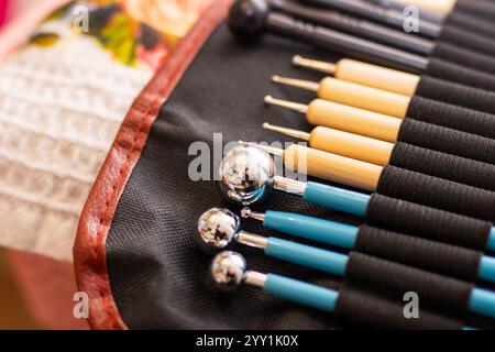 There is a collection of various brushes neatly arranged in a case resting on a table surface, ready for use or display Stock Photo