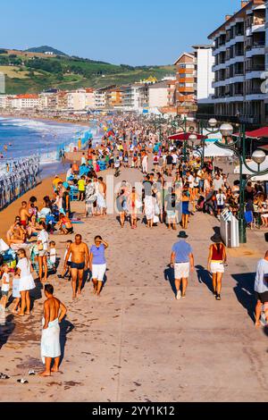 Zarautz beach at sunset and high tide. Zarautz, Gipuzkoa, Basque Country, Spain, Europe Stock Photo