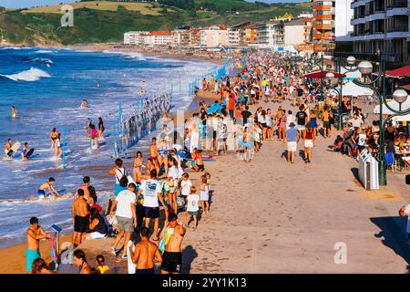 Zarautz beach at sunset and high tide. Zarautz, Gipuzkoa, Basque Country, Spain, Europe Stock Photo