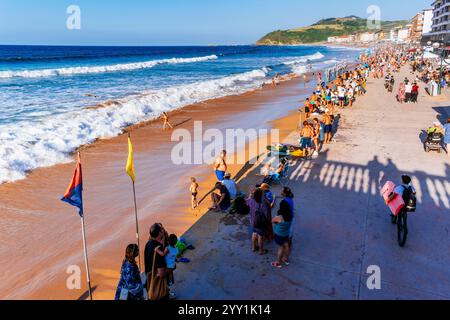 Zarautz beach at sunset and high tide. Zarautz, Gipuzkoa, Basque Country, Spain, Europe Stock Photo