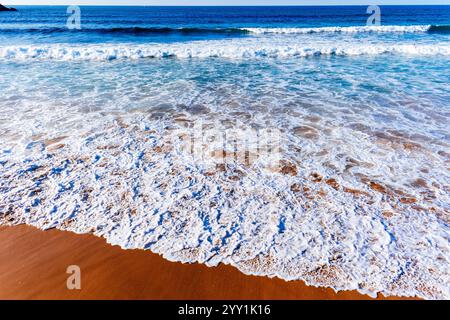 Waves breaking on the shore of the Zarautz beach. Zarautz, Gipuzkoa, Basque Country, Spain, Europe Stock Photo