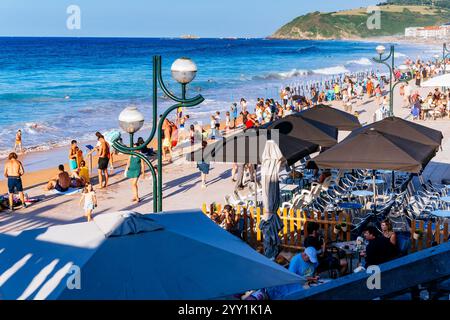 Zarautz beach at sunset and high tide. Zarautz, Gipuzkoa, Basque Country, Spain, Europe Stock Photo