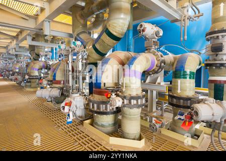 Water pumps in the tanks of a reverse osmosis desalination plant Stock ...