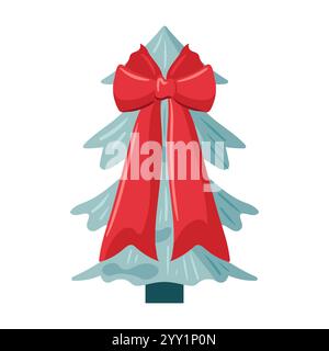 A trendy Christmas tree adorned with festive decorations and topped with a large, vibrant red bow. This flat-style vector illustration captures the ho Stock Vector