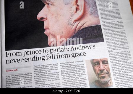 Prince Andrew 'From prince to pariah: Andrew's never-ending fall from Grace' Guardian newspaper headline scandals article14 December 2024 London UK Stock Photo