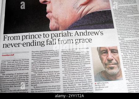 Prince Andrew 'From prince to pariah: Andrew's never-ending fall from Grace' Guardian newspaper headline scandal article14th  December 2024 London UK Stock Photo