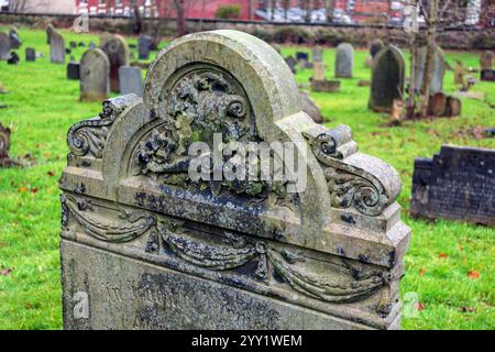 Carving on a Victorian gravestone at Blackburn Cemetery. Stock Photo
