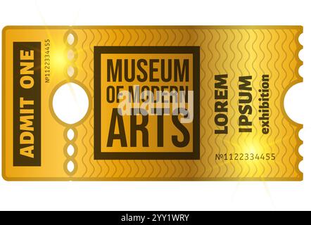 Golden ticket for Museum of Modern Arts exhibition with admit one text and serial number on wavy textured background representing access and Stock Vector