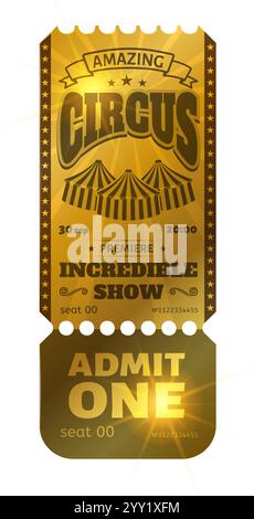 Golden ticket inviting guests to an amazing circus show premiere, happening on September 30th at 8 PM, promises an incredible evening filled with Stock Vector