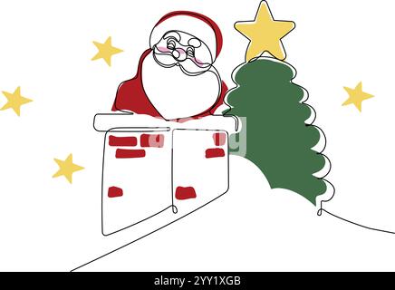 One continuous line drawing Santa Claus on reindeer and sled. concept for Christmas and New Year. vector illustration. Vector illustration Stock Vector