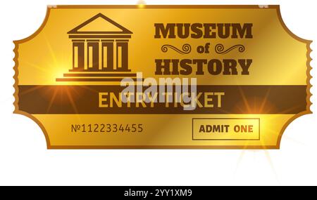 Golden entry ticket for a museum of history, featuring a classical building icon and admitting one person, evoking a sense of historical exploration Stock Vector