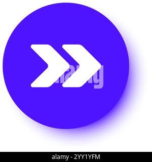 Double white arrows pointing right on a vibrant purple circle with a subtle shadow, symbolizing progress, direction, and forward movement in design Stock Vector