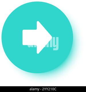 Minimalist vector graphic showing a white arrow pointing right on a turquoise circle with drop shadow on white background, conveying direction Stock Vector